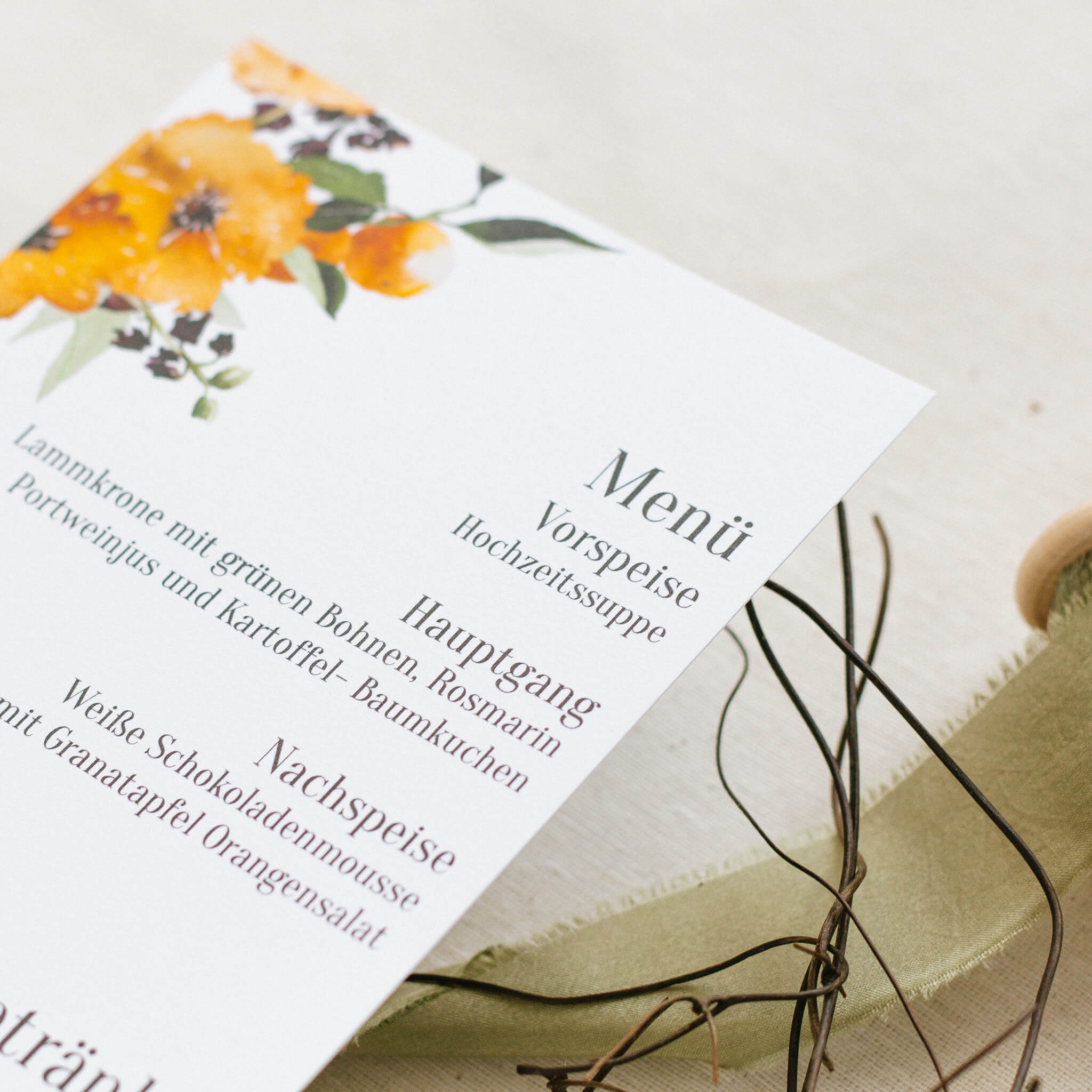 Menükarte Mediterrane Hochzeit - Siegel Boutique Mestharm