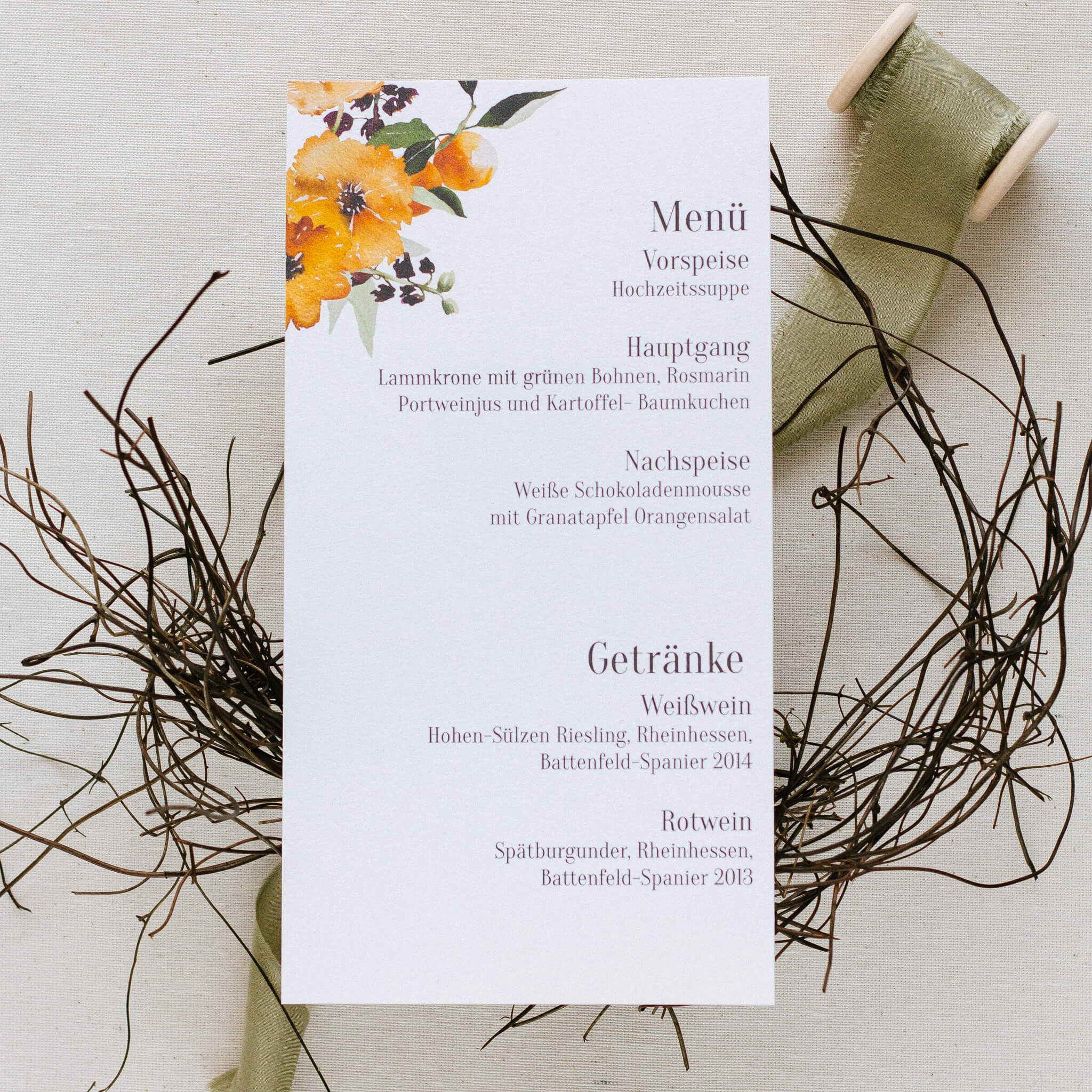 Menükarte Mediterrane Hochzeit - Siegel Boutique Mestharm